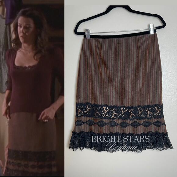 Rare Brown Stripe Lace Trim Pencil Skirt ASO Lorelai Gilmore Girls Vintage Y2K - Picture 1 of 9